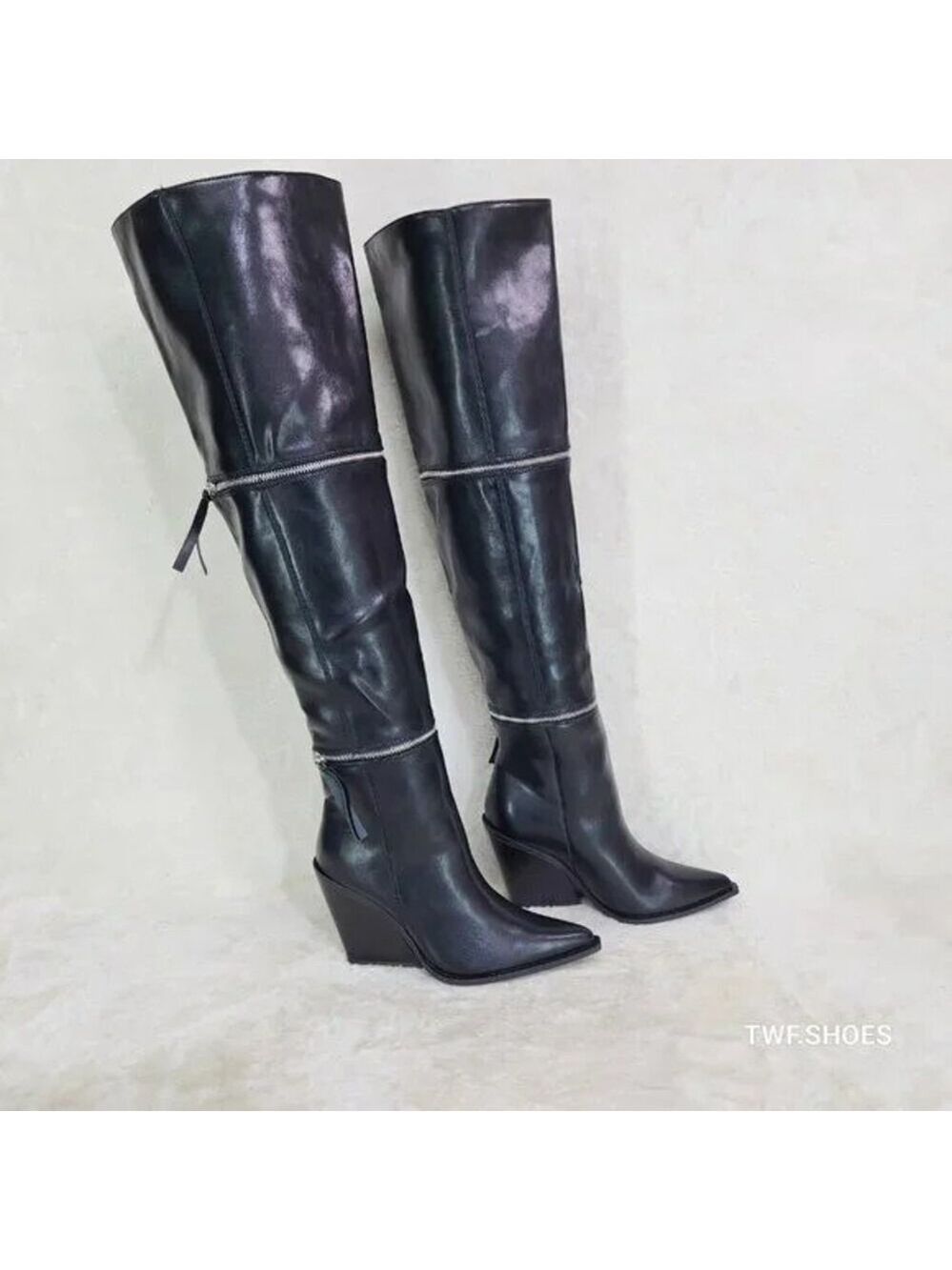 NIB Alexa Western Wedge All in One Zipper Shaft Ankle Knee & Thigh Boots Black - Picture 13 of 15